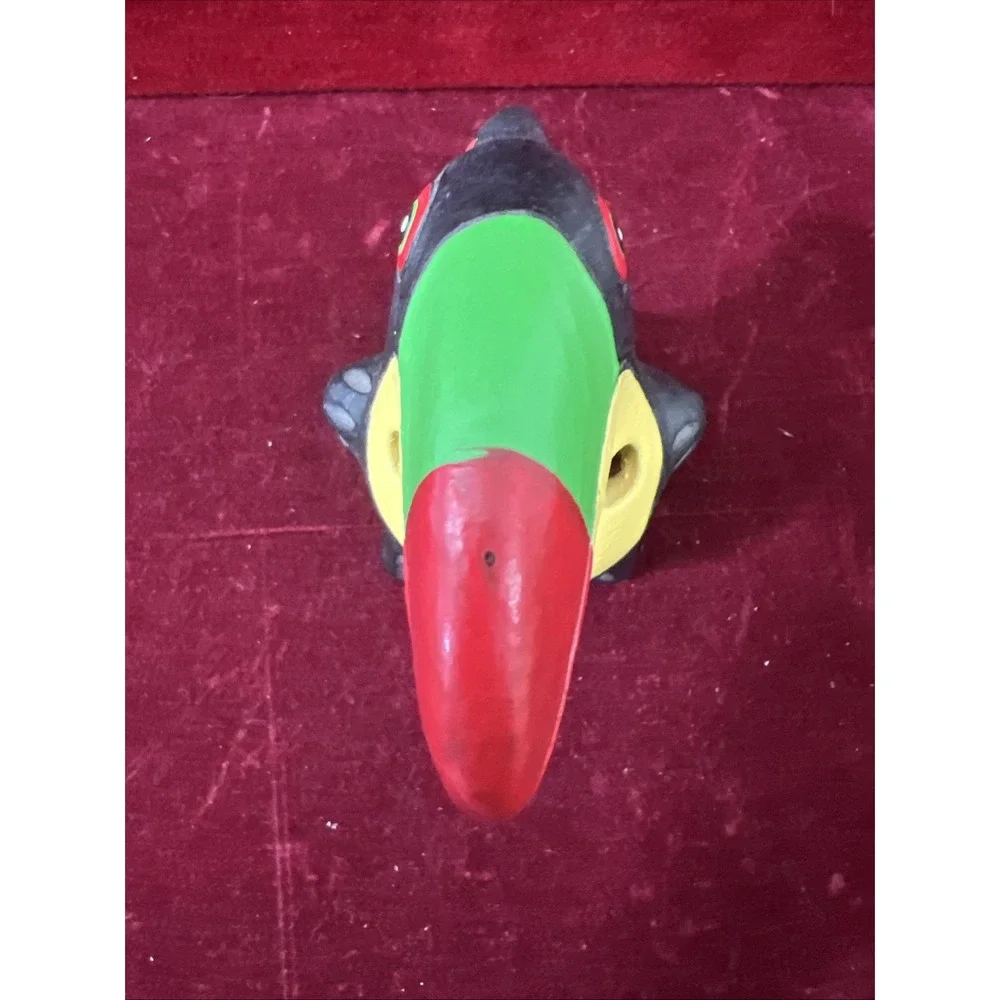 Handmade Black‎ Toucan Bird Clay Whistle Ocarina Folk Art Mexico Red Green Yello